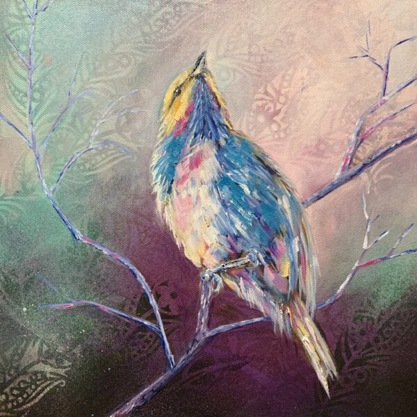 Colourful abstract realism bird painting by Tandy Pengelly