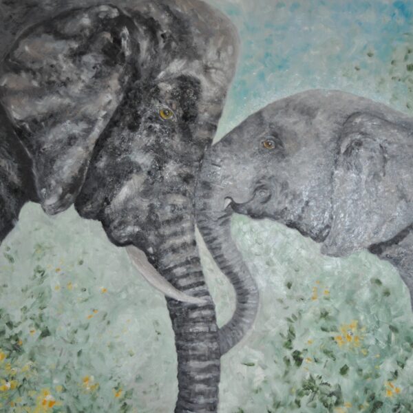 Elephant Mother and Baby Oil Painting