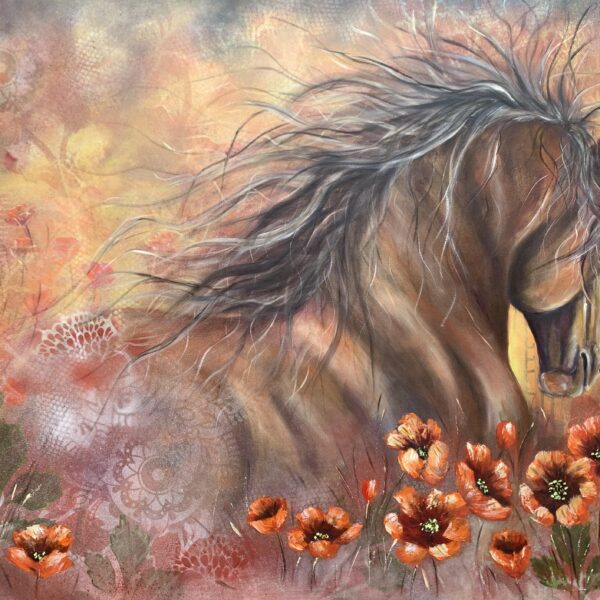 Stunning Stallion and Poppy Spiritual Symbolic Painting. Award winning large oil painting by Tandy Pengelly