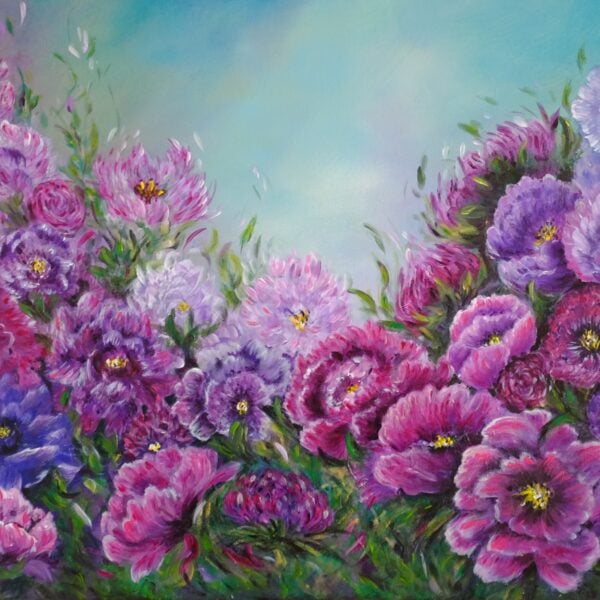 pink and purple vibrant peony painting by Tandy Pengelly
