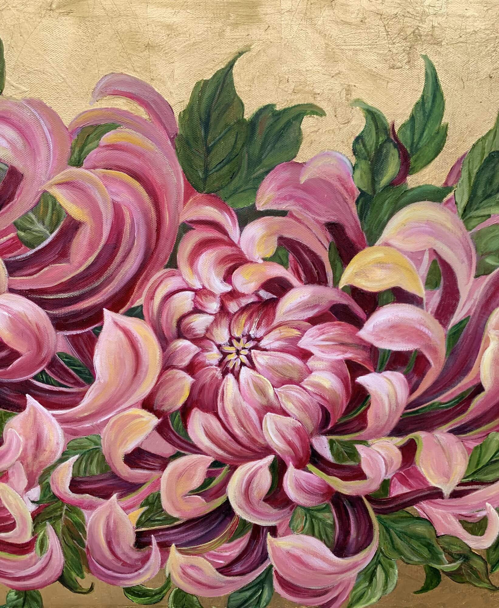 'Vitality' by Tandy Pengelly Wildlife Artist In many cultures, chrysanthemums symbolise endurance, loyalty, and love. In Eastern folklore, particularly in Chinese mythology, they are associated with the idea of living a long, fulfilling life. This title represents the cultural significance of the flower as a symbol of vitality and its deep-rooted presence in folklore. Size: 50cm x 70cm Medium: Oil Painting on Gold Leaf Background Certificate of Authenticity UV Protected Varnish