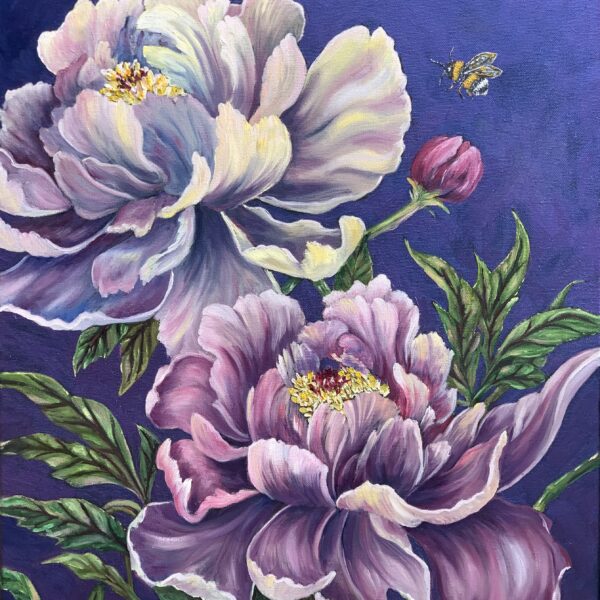 Purple oil painting of vibrant peonies by Nature artist Tandy Pengelly