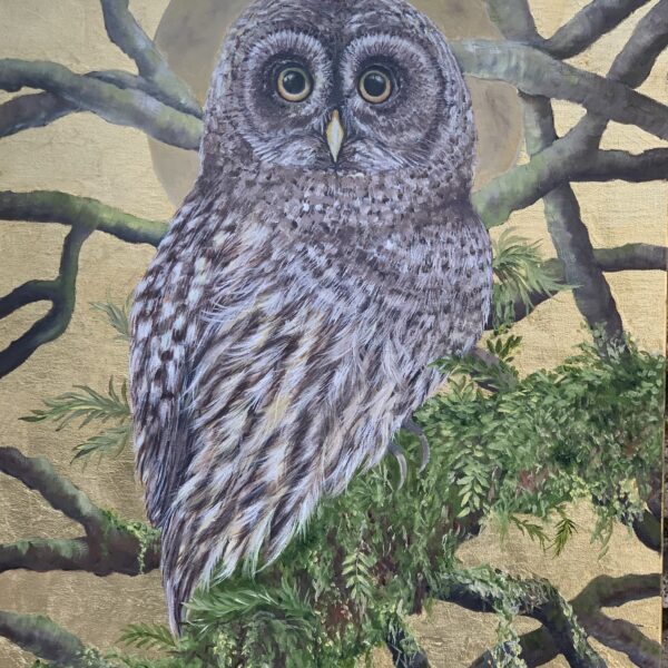 Original oil owl painting with gold leaf background by wildlife artist Tandy Pengelly