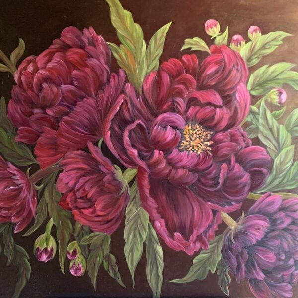 Large expressionist peony painting by wildlife artist Tandy Pengelly