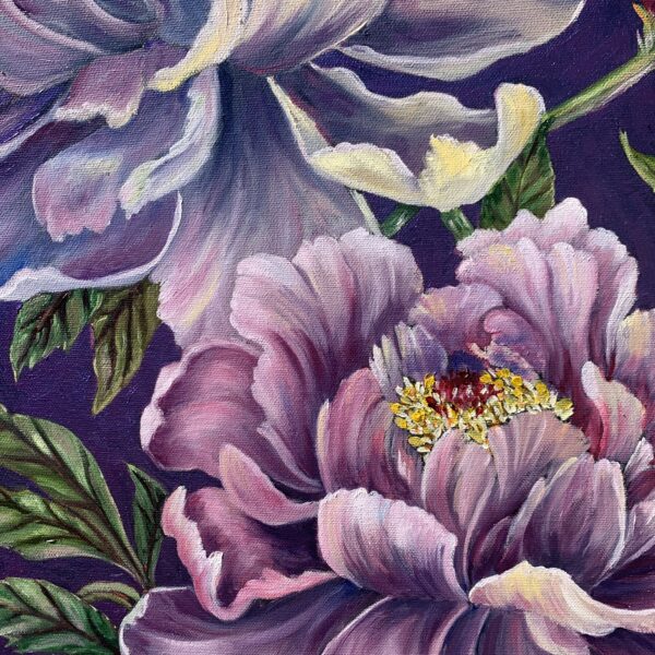 Under Violet Skies. Vibrant peony oil painting by wildlife artist Tandy Pengelly