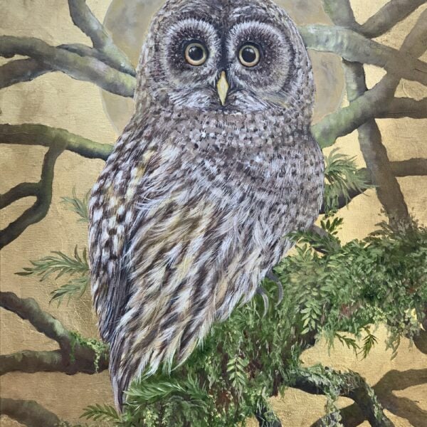 Gold leaf and oil owl painting by wildlife artist Tandy Pengelly