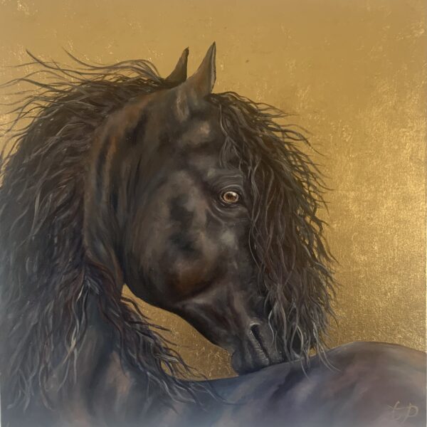 Gold leaf and oil painting of black stallion by wildlife artist Tandy Pengelly