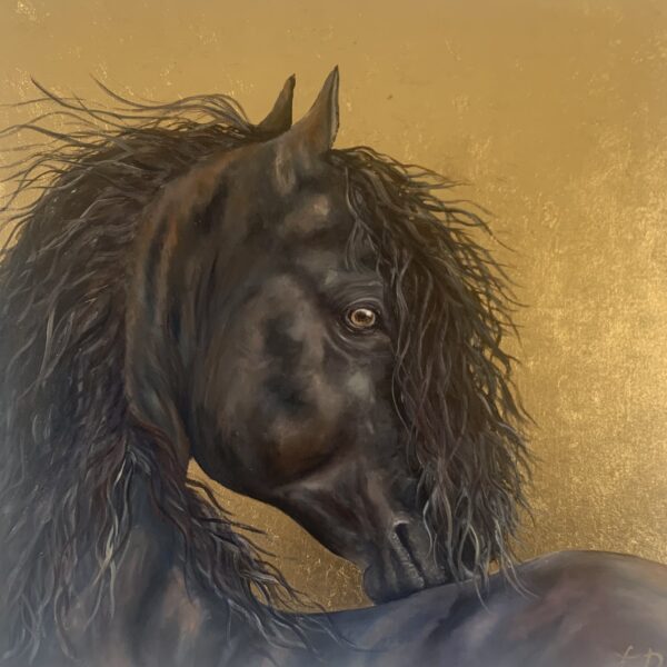 Gold leaf and oil black stallion painting by wildlife artist Tandy Pengelly