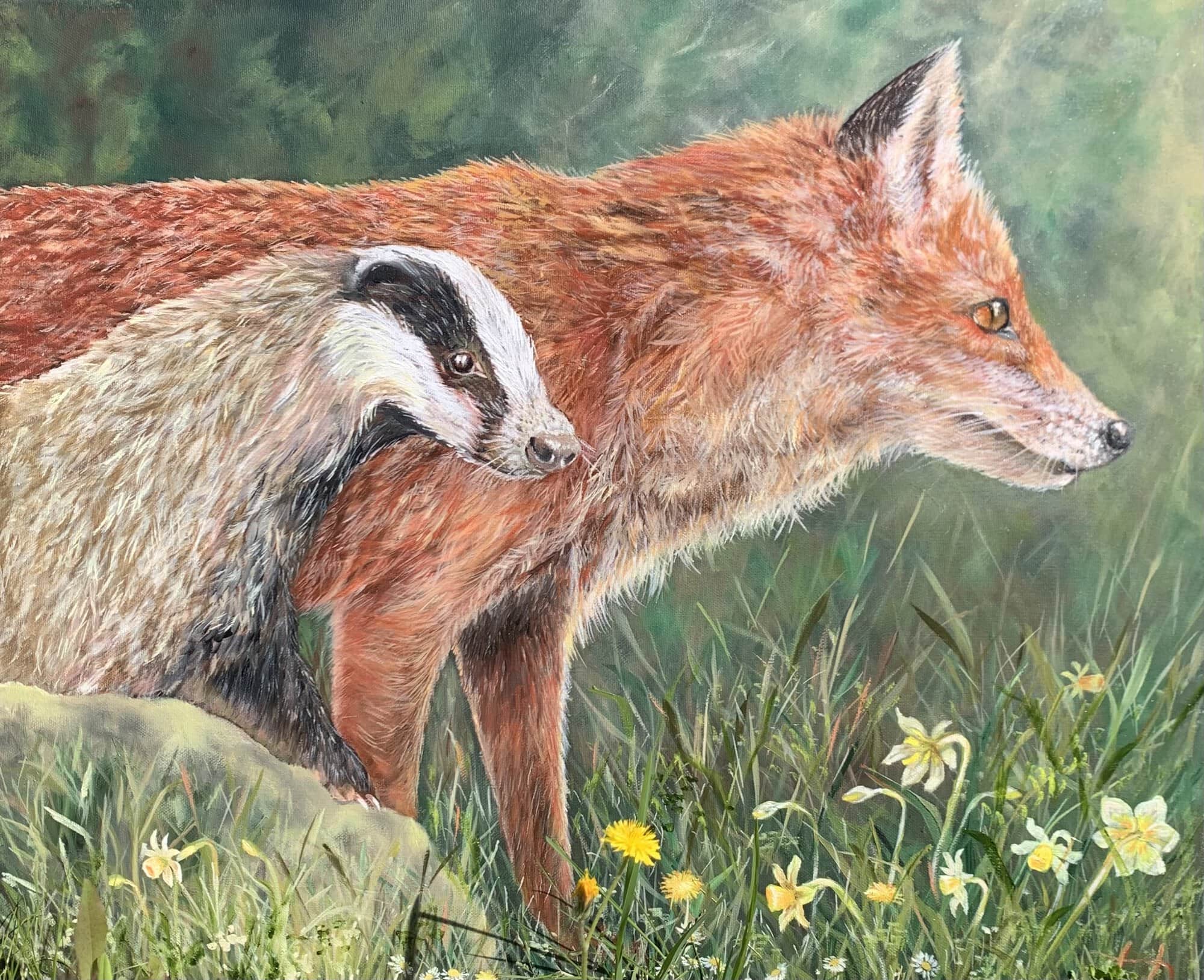 Fox and Badger Oil Painting by Nature Artist Tandy Pengelly