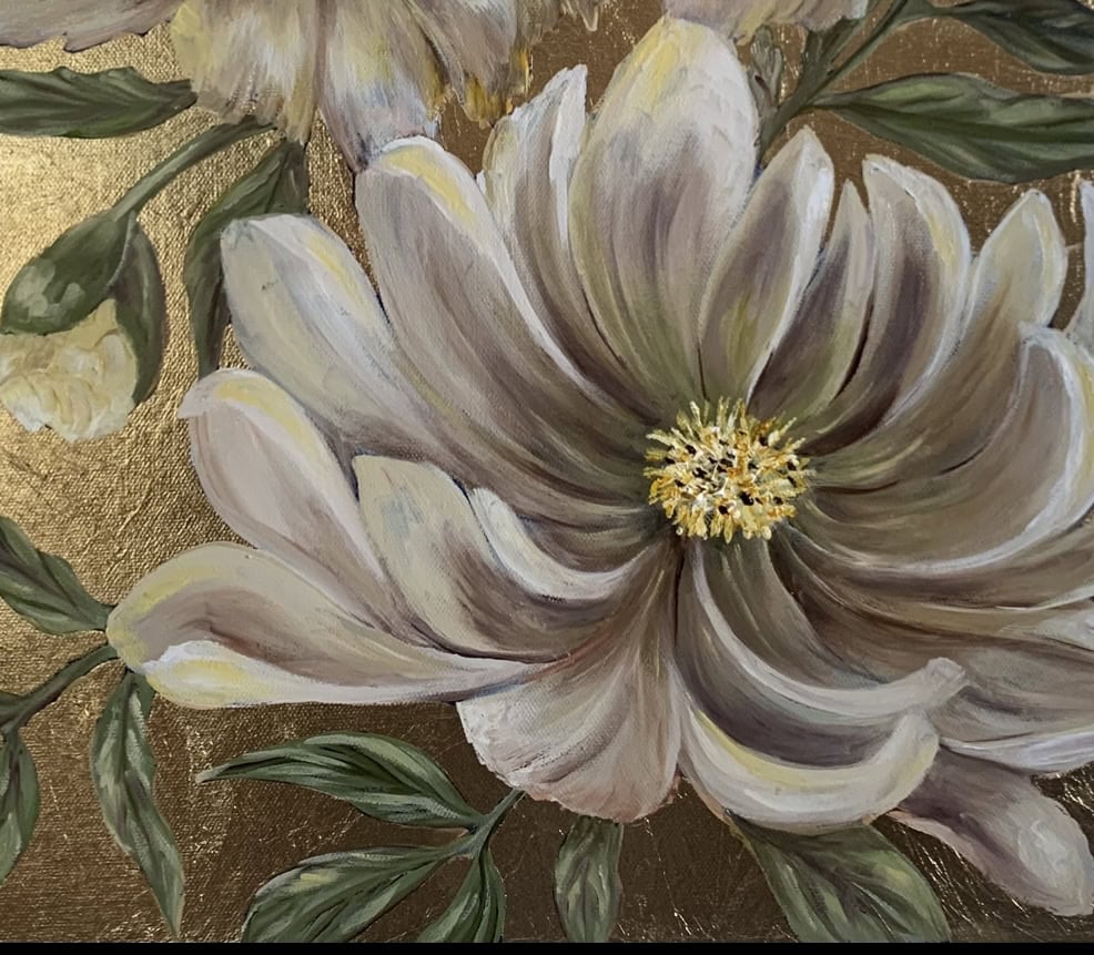 Gold Leaf Peony Painting by Tandy Pengelly
