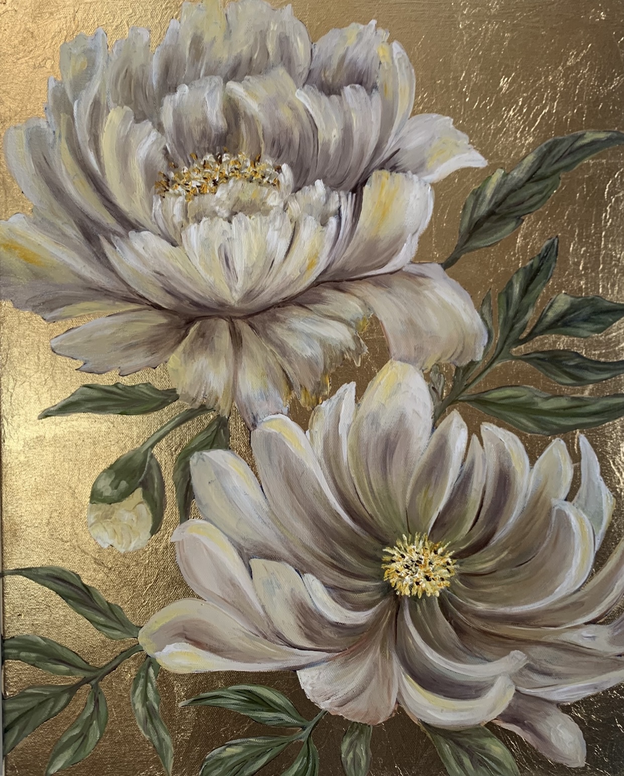 Gold Leaf Peony Painting by Tandy Pengelly