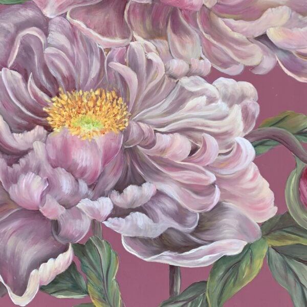 Soft pink oil painting of peony painting by contemporary artist Tandy Pengelly