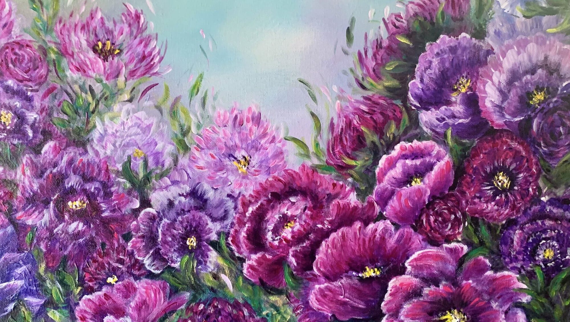 Pink and purple peony painting by Tandy Pengelly