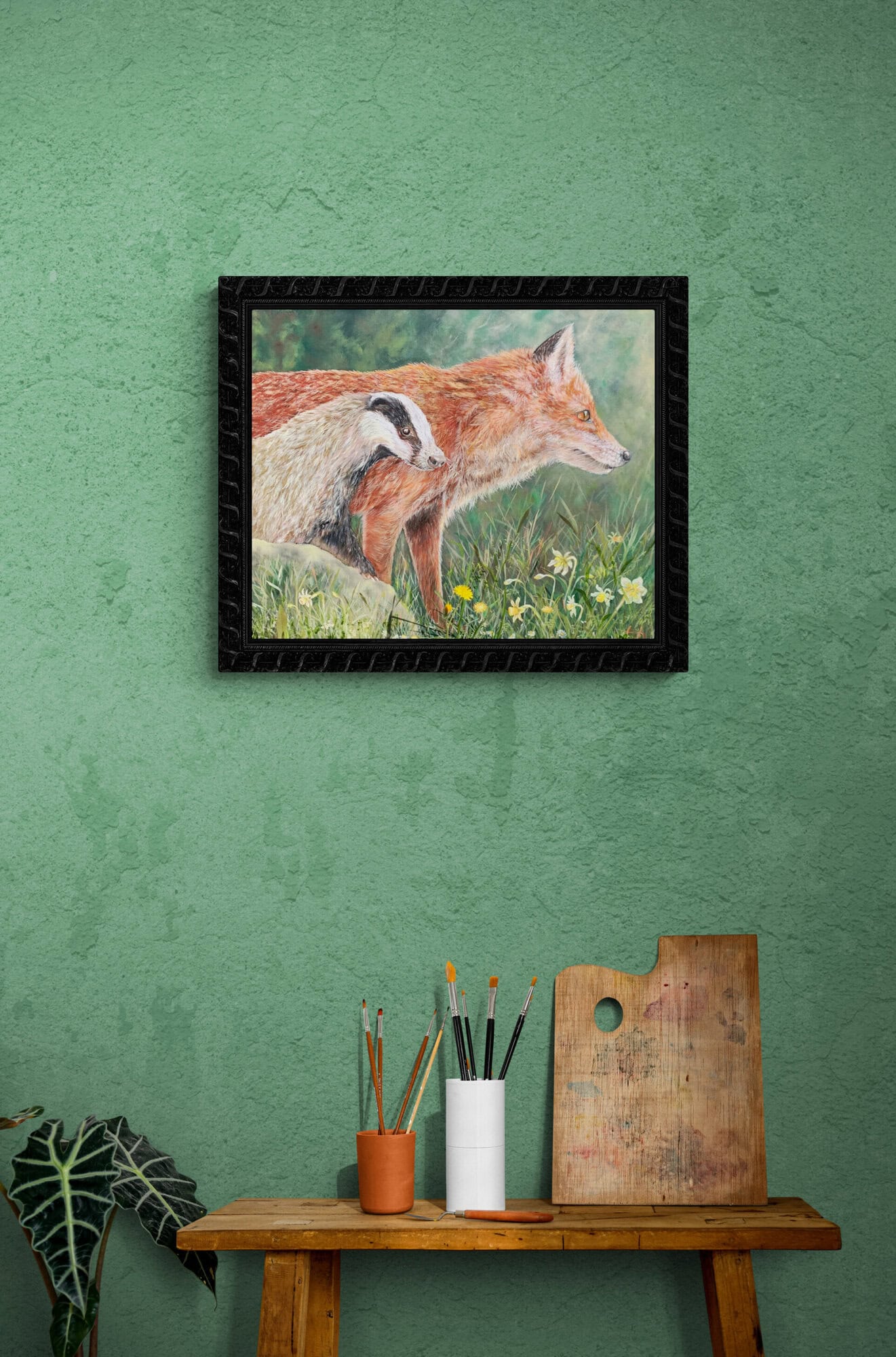 Fox and Badger Oil Painting by Nature Artist Tandy Pengelly