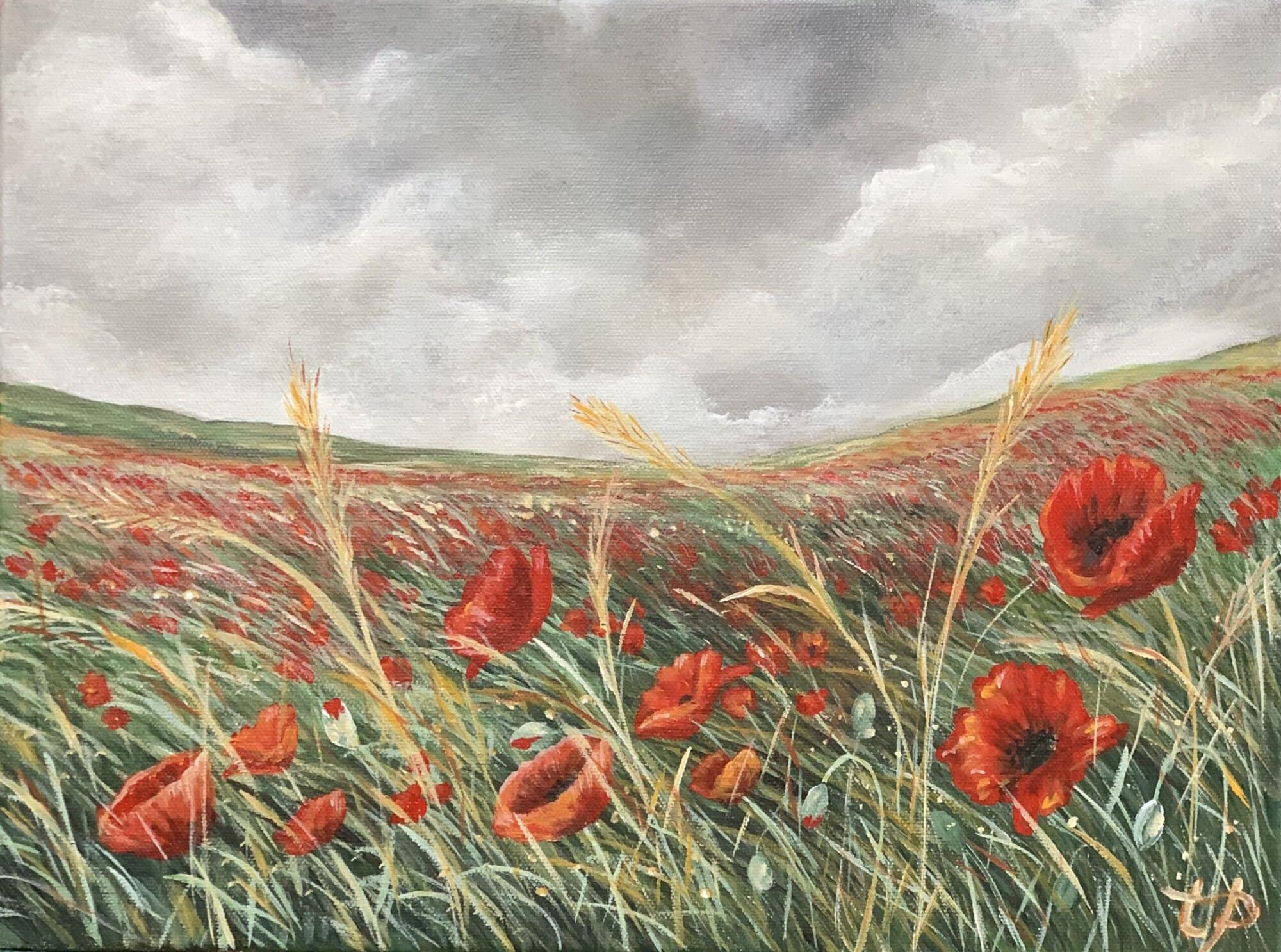 Original poppy landscape painting by Tandy Pengelly