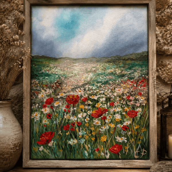 Expressionist poppy and wildflower meadow landscape by Tandy pengelly