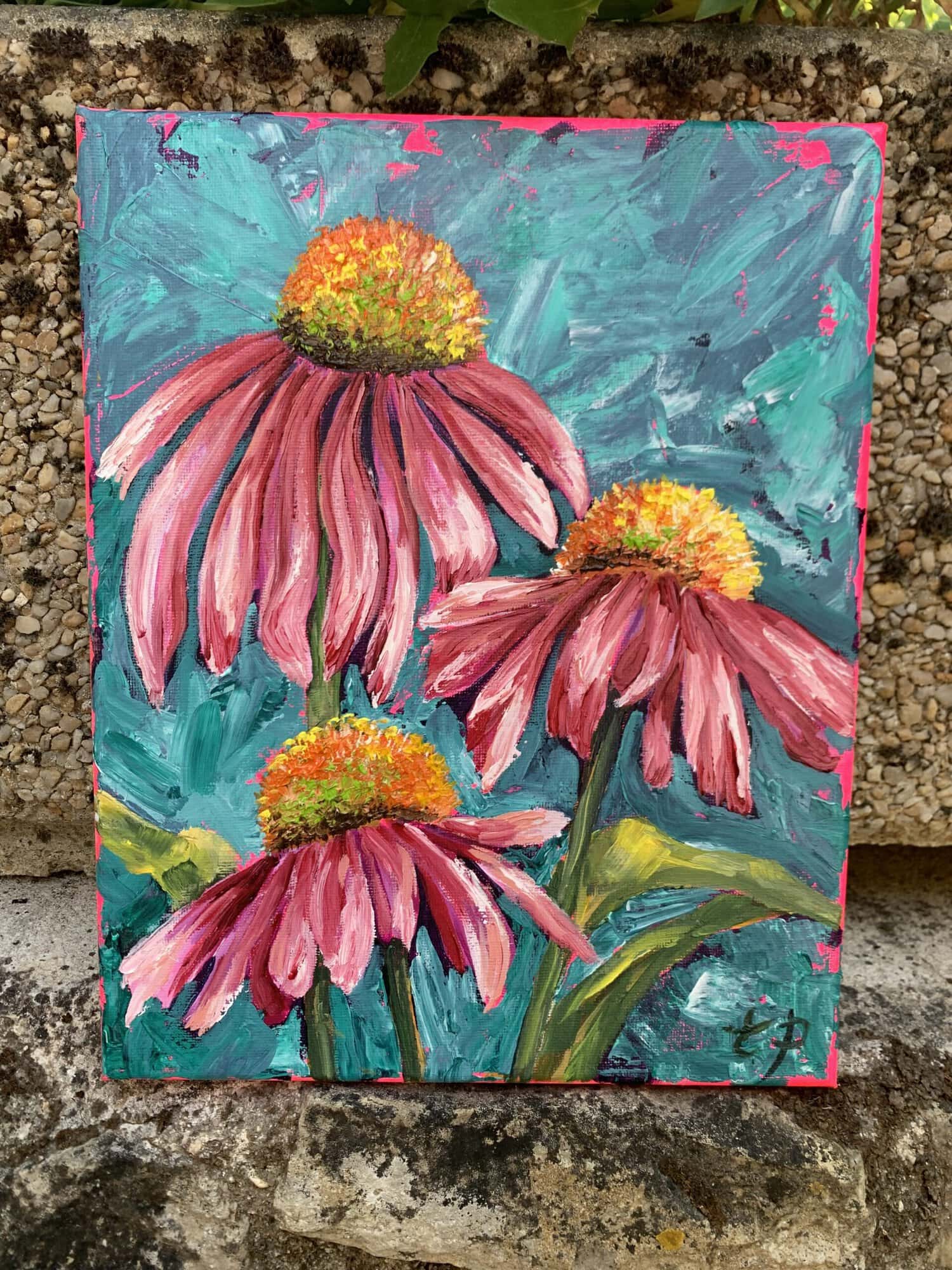 Expressionist palette knife pink floral oil painting by Tandy Pengelly