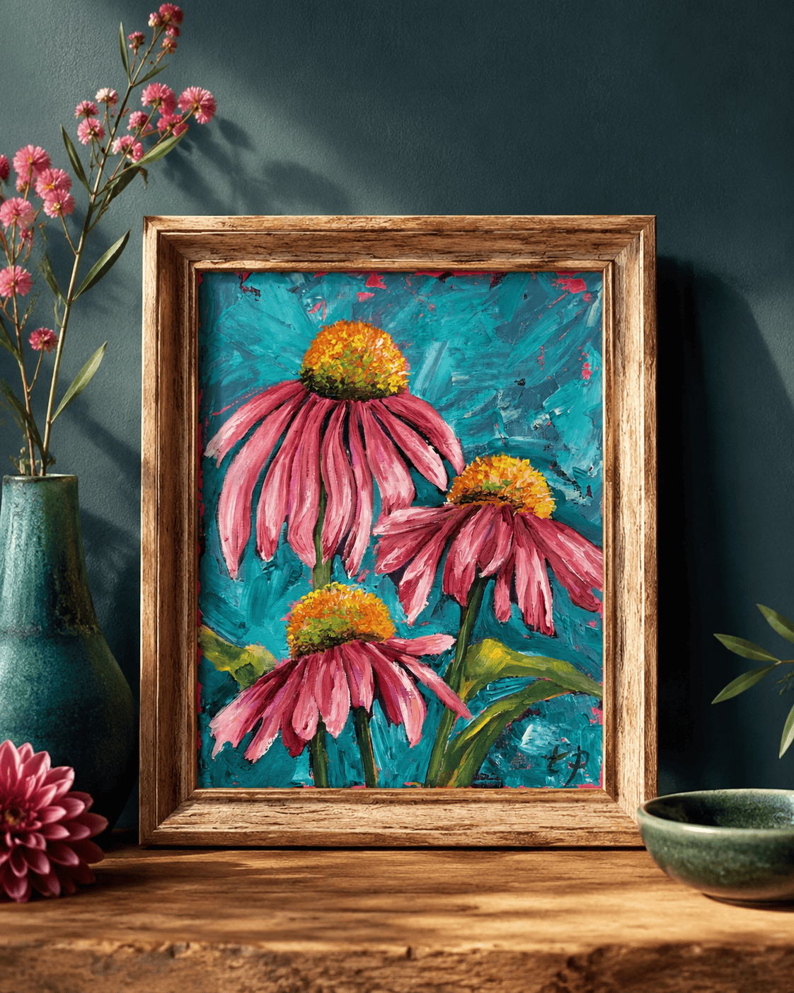 Vibrant pink flower palette knife oil painting by Tandy Pengelly