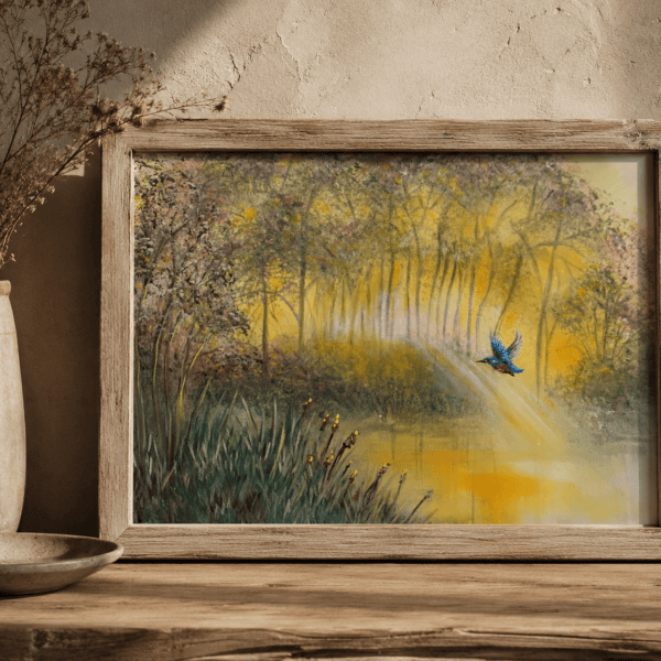 a sunrise with rays through the trees and a kingfisher in flight by Tandy Pengelly