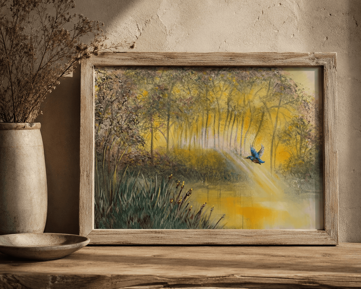 a sunrise with rays through the trees and a kingfisher in flight by Tandy Pengelly