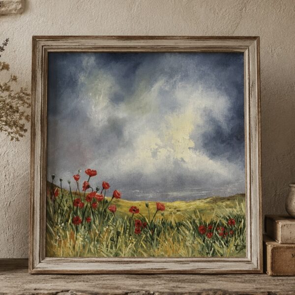 Original 25 × 25 cm oil landscape painting featuring vibrant red poppies beneath dramatic storm clouds with sunlight breaking across rolling countryside in rural France, painted in an expressive contemporary style.