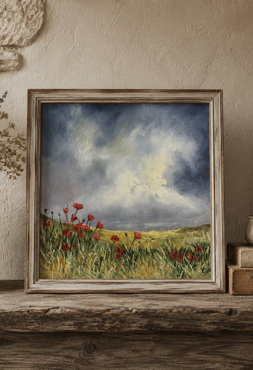 Original 25 × 25 cm oil landscape painting featuring vibrant red poppies beneath dramatic storm clouds with sunlight breaking across rolling countryside in rural France, painted in an expressive contemporary style.