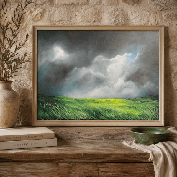 Original 30 × 40 cm mixed media landscape painting, Where Light Returns by Tandy Pengelly, featuring dramatic storm clouds breaking to reveal sunlight across vibrant green fields. Expressive brushwork and rich texture capture the energy, movement and resilience of the natural landscape.