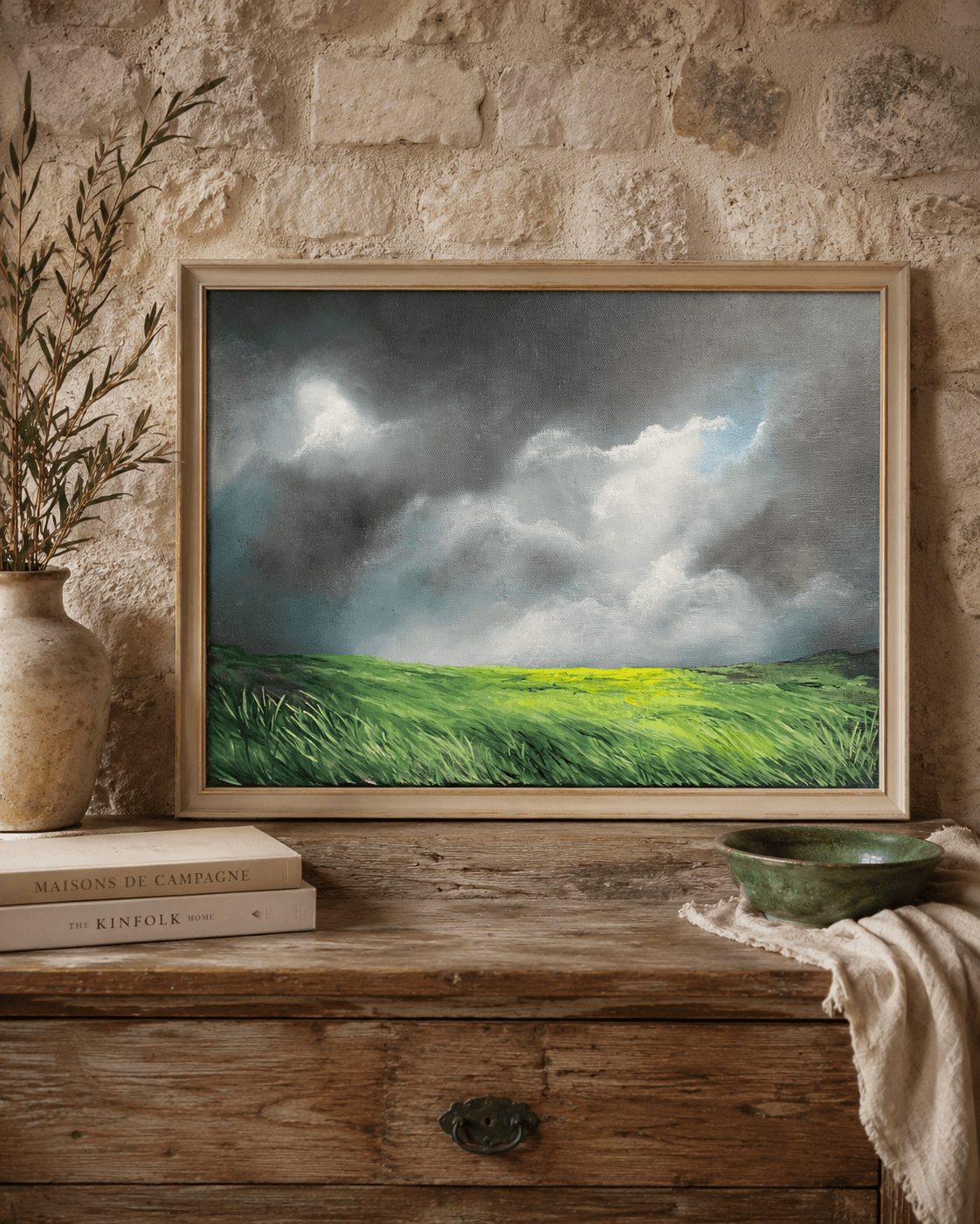 Original 30 × 40 cm mixed media landscape painting, Where Light Returns by Tandy Pengelly, featuring dramatic storm clouds breaking to reveal sunlight across vibrant green fields. Expressive brushwork and rich texture capture the energy, movement and resilience of the natural landscape.