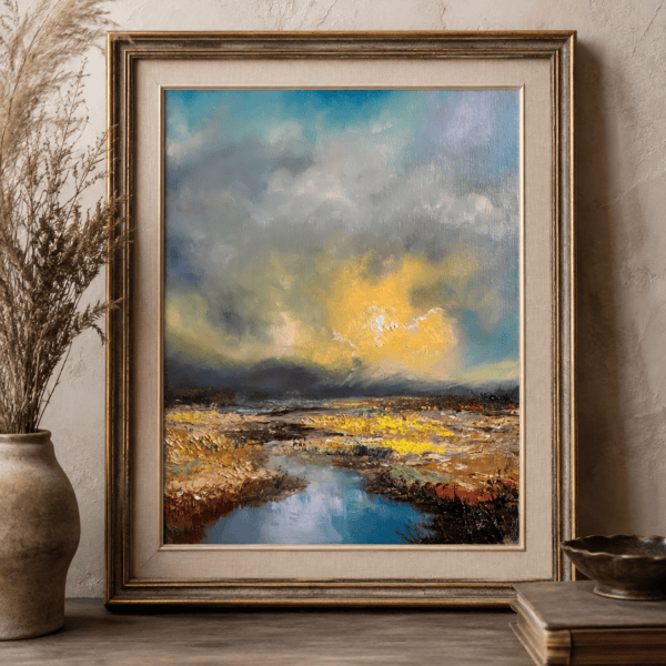 Original 30 × 40 cm palette knife oil landscape painting featuring dramatic storm clouds breaking to reveal golden sunlight over the French countryside. Thick impasto textures, a reflective stream, and expressive brushwork create a contemporary impressionist landscape full of atmosphere, movement, and light.