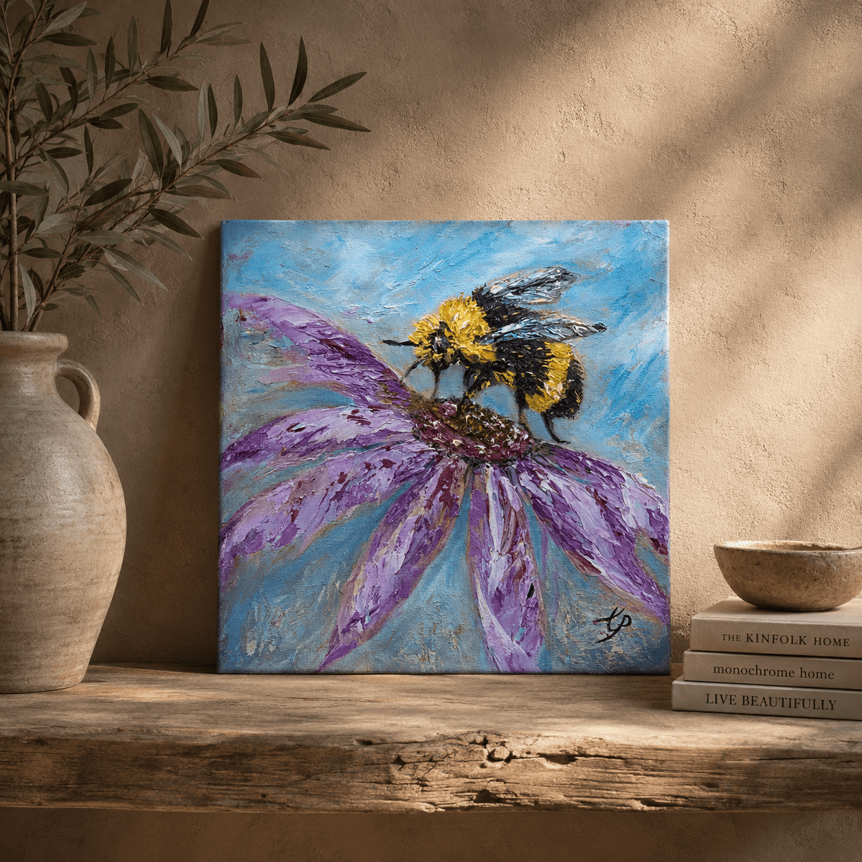 Original palette knife oil painting of a bumblebee feeding on a pink coneflower against a soft blue background, by artist Tandy Pengelly.