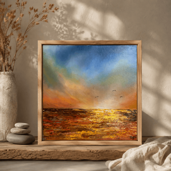 Original square oil seascape with a glowing golden sunset reflected across richly textured orange water, beneath a blue and green sky with three distant birds.