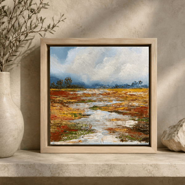 Framed 20 x 20 cm palette knife oil painting of a winding stream crossing textured autumn marshland beneath a dramatic blue and white cloudy sky.