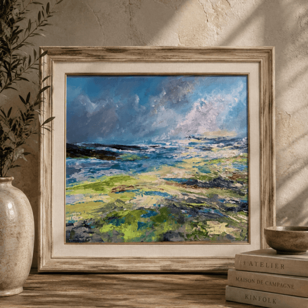 Original abstract seascape oil painting created with a palette knife, featuring textured turquoise, blue and sea green waves beneath a dramatic coastal sky.