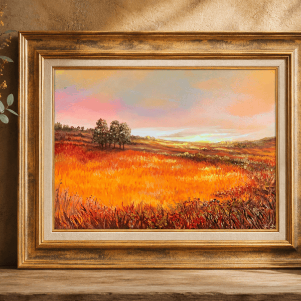 Original square oil landscape with a glowing golden sunset reflected across richly textured orange fields.