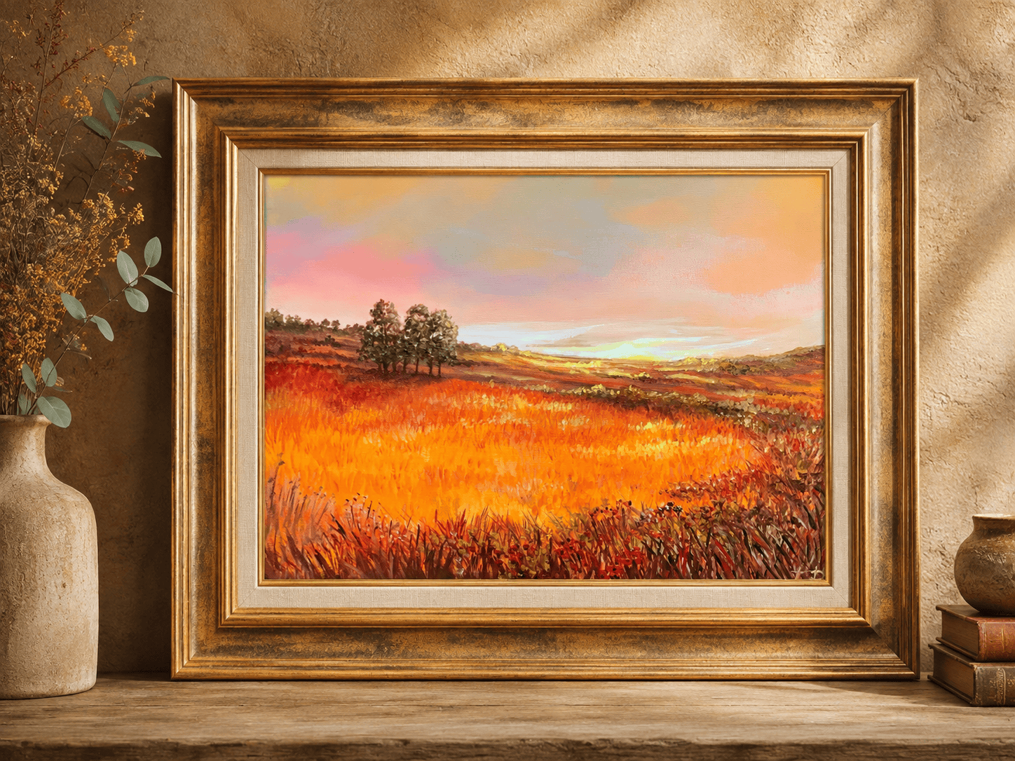 Original square oil landscape with a glowing golden sunset reflected across richly textured orange fields.