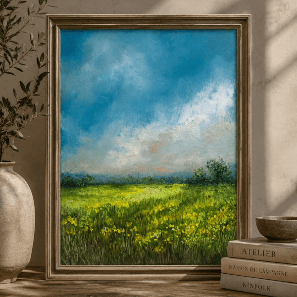 A calming original oil painting of a sunlit spring meadow, filled with wildflowers, peaceful skies and the gentle promise of summer.