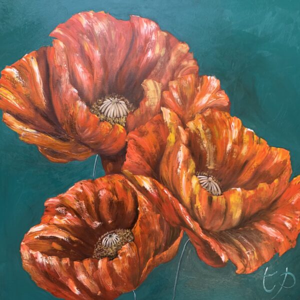 Original 80 × 80 cm palette knife oil painting of three vibrant red poppies against a rich turquoise background. Contemporary floral artwork with thick impasto texture, expressive movement and bold colour, inspired by the beauty and energy of nature, by artist Tandy Pengelly.