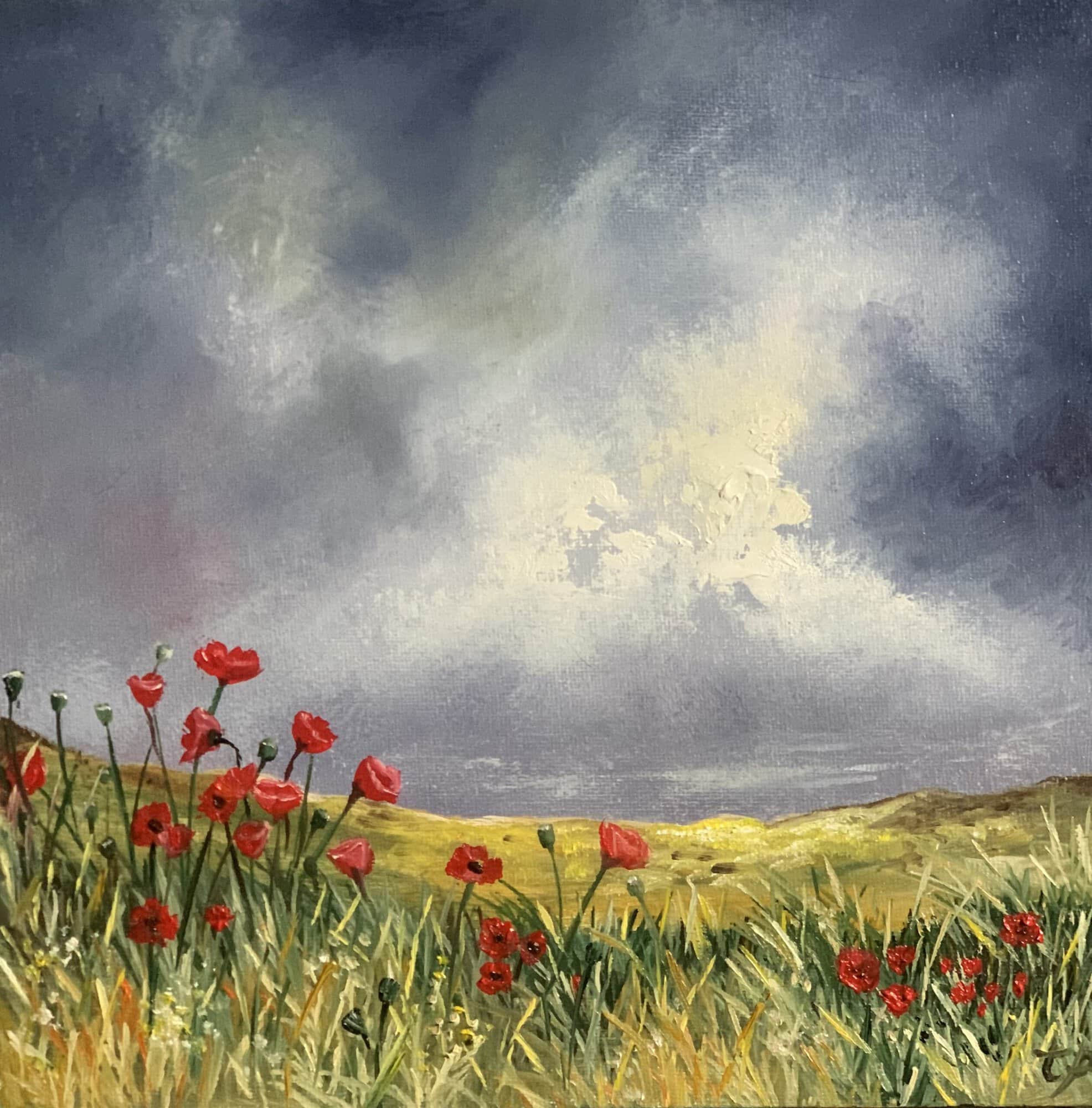 Original 25 × 25 cm oil landscape painting featuring vibrant red poppies beneath dramatic storm clouds with sunlight breaking across rolling countryside in rural France, painted in an expressive contemporary style.