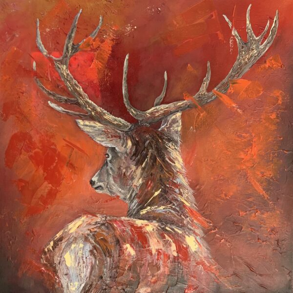 Majestic Stag with vibrant golds and reds. Expressionist in style with abstracted palette knife detail
